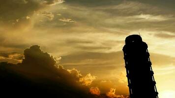 Leaning Tower of Pisa over sunset, 3d animation. video
