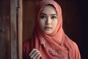 retrato de hermosa asiático musulmán mujer vistiendo tradicional ropa. ai generado. foto