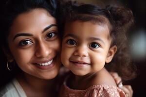 Happy smiling young Indian mother playing with black baby girl daughter. Family mixed race people mom and kid together hugging at home. Authentic candid lifestyle with infant kid child photo