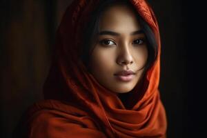 retrato de hermosa asiático musulmán mujer vistiendo tradicional ropa. ai generado. foto