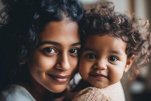 Happy smiling young Indian mother playing with black baby girl daughter. Family mixed race people mom and kid together hugging at home. Authentic candid lifestyle with infant kid child AI generated photo