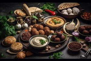 Middle Eastern or Arabic dishes and assorted meze on a dark background. Meat kebab, falafel, baba ghanoush, hummus, rice with vegetables, tahini, kibbeh, pita. Halal food. Space for text. photo