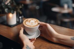 Mockup image of left hand holding white mobile phone with blank white screen and right hand holding hot latte art coffee cup while looking and using it on vintage wooden table in cafe photo