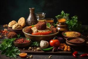 Middle Eastern or Arabic dishes and assorted meze on a dark background. Meat kebab, falafel, baba ghanoush, hummus, rice with vegetables, tahini, kibbeh, pita. Halal food. Space for text. photo