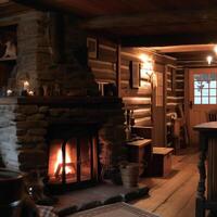 cozy cabin with a fireplace with wooden furniture photo