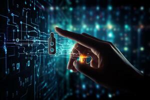 cyber security privacy and data storage protection Document Management with Password and Encryption Encrypted files on computer or server Finger touching lock icon on electronic circuit photo