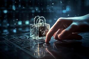 cyber security privacy and data storage protection Document Management with Password and Encryption Encrypted files on computer or server Finger touching lock icon on electronic circuit photo
