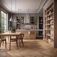 Modern white minimalist interior design with kitchen sofa, wooden floor, wall panels and marble kitchen island photo