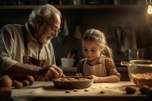 grandchild and grandfather cooking and making dough for cookies with kitchen utensils at kitchen table, cooking in kitchen concept photo