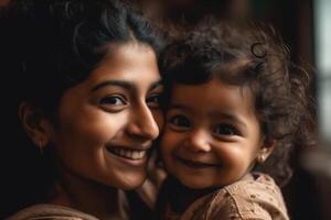 contento sonriente joven indio madre jugando con negro bebé niña hija. familia mezclado carrera personas mamá y niño juntos abrazando a hogar. auténtico sincero estilo de vida con infantil niño niño ai generado foto