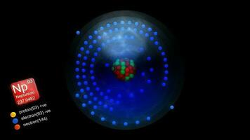 Neptunium atom, with element's symbol, number, mass and element type color. video