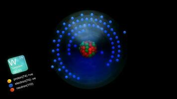 Tungsten atom, with element's symbol, number, mass and element type color. video