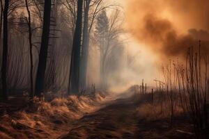 wildfire forest much smoke and fire, dramatic, climate disaster photo