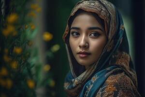 Portrait of beautiful asian muslim woman wearing traditional clothing. . photo