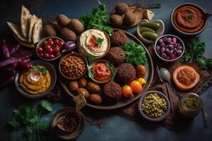 Middle Eastern or Arabic dishes and assorted meze on a dark background. Meat kebab, falafel, baba ghanoush, hummus, rice with vegetables, tahini, kibbeh, pita. Halal food. Space for text. photo