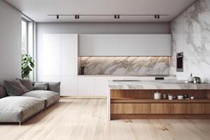 Modern white minimalist interior design with kitchen sofa, wooden floor, wall panels and marble kitchen island. 3d render illustration photo