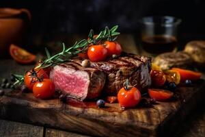 Succulent thick juicy portions of grilled fillet steak served with tomatoes and roasted vegetables on an old wooden board photo