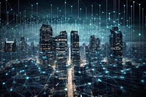 Smart city and big data network connection. capital large business district skyscrapers with abstract dots connect in complex undulating pattern Concept of modern technology and business photo