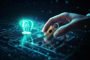 cyber security privacy and data storage protection Document Management with Password and Encryption Encrypted files on computer or server Finger touching lock icon on electronic circuit photo