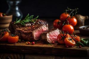 Succulent thick juicy portions of grilled fillet steak served with tomatoes and roasted vegetables on an old wooden board photo