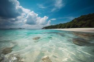 Tropical beach with blue sky and white clouds, perfect for vacation and travel photo