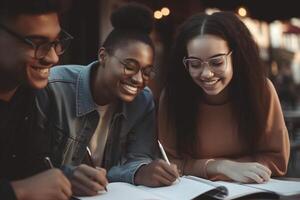 retrato de sonriente joven amigos estilizando juntos ai generado foto