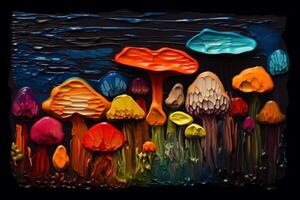 Groups of decorative mushrooms on black psychedelic concept photo