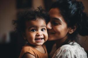 Happy smiling young Indian mother playing with black baby girl daughter. Family mixed race people mom and kid together hugging at home. Authentic candid lifestyle with infant kid child photo