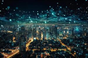 Smart city and big data network connection. capital large business district skyscrapers with abstract dots connect in complex undulating pattern Concept of modern technology and business photo