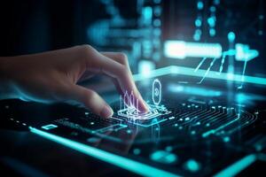 cyber security privacy and data storage protection Document Management with Password and Encryption Encrypted files on computer or server Finger touching lock icon on electronic circuit photo
