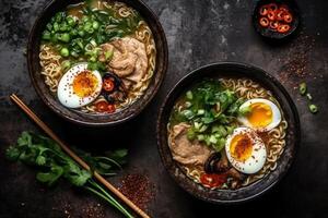 Two bowls of home made pork ramen decorated with chillies, shiitake, nori and scallions with a slate board. Top View. Copy Space photo