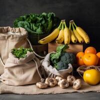 Vegetables in eco organic cotton bags. Zero waste food shopping. photo