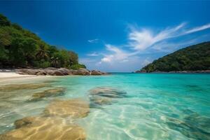 tropical playa con azul cielo y blanco nubes, Perfecto para vacaciones y viaje ai generado foto