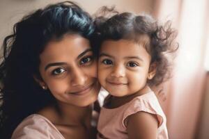 Happy smiling young Indian mother playing with black baby girl daughter. Family mixed race people mom and kid together hugging at home. Authentic candid lifestyle with infant kid child photo