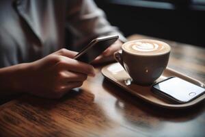 Mockup image of left hand holding white mobile phone with blank white screen and right hand holding hot latte art coffee cup while looking and using it on vintage wooden table in cafe photo