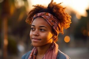 Cheerful woman with dreadlocks smiling with her eyes closed. . photo