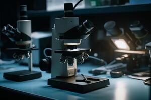 biochemical research group working with microscope for coronavirus photo