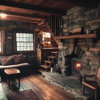 cozy cabin with a fireplace with wooden furniture photo