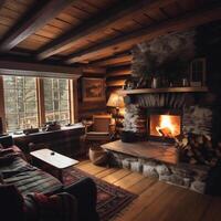 cozy cabin with a fireplace with wooden furniture photo