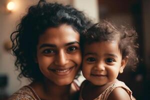 contento sonriente joven indio madre jugando con negro bebé niña hija. familia mezclado carrera personas mamá y niño juntos abrazando a hogar. auténtico sincero estilo de vida con infantil niño niño ai generado foto