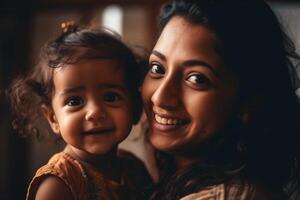 Happy smiling young Indian mother playing with black baby girl daughter. Family mixed race people mom and kid together hugging at home. Authentic candid lifestyle with infant kid child photo