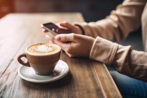 Mockup image of left hand holding white mobile phone with blank white screen and right hand holding hot latte art coffee cup while looking and using it on vintage wooden table in cafe photo