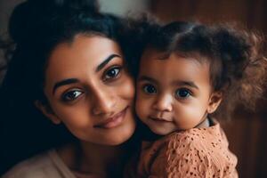 contento sonriente joven indio madre jugando con negro bebé niña hija. familia mezclado carrera personas mamá y niño juntos abrazando a hogar. auténtico sincero estilo de vida con infantil niño niño ai generado foto