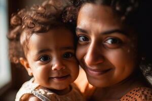 Happy smiling young Indian mother playing with black baby girl daughter. Family mixed race people mom and kid together hugging at home. Authentic candid lifestyle with infant kid child photo