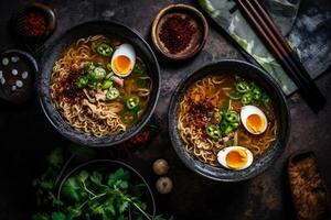 Two bowls of home made pork ramen decorated with chillies, shiitake, nori and scallions with a slate board. Top View. Copy Space photo