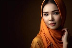 retrato de hermosa asiático musulmán mujer vistiendo tradicional ropa. ai generado. foto