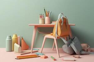 School desk with school accessory and backpack illustration photo