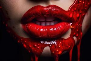 Lipstick red paint dripping lipgloss drops on lips of beautiful woman mouth illustration photo