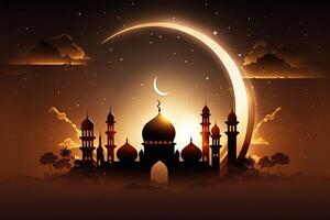 Ramadan Kareem background with big shiny crescent and stars and a sunset view of a mosque Arabic ilsamic celebration Abstract illustration photo
