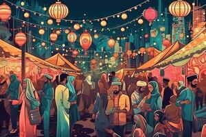 Ramadan Kareem street festival, with colorful lights, music, and people of all ages gathering to celebrate together, manga style illustration photo